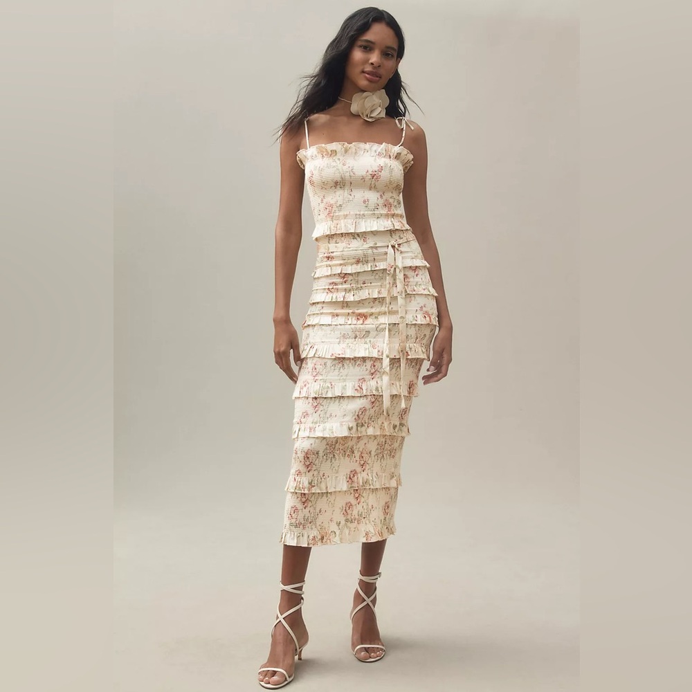 V. Chapman Lily Ruched & Ruffled Stretch Satin Midi Dress